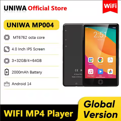 UNIWA MP004 MP4 Player Android 14 with Bluetooth and WiFi 4 Inch 3+32GB/4+64GB 2000mAh MP3 MP4 Playe