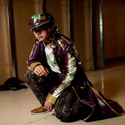 Anime JoJo‘s Bizarre Adventure Stone Ocean Kujo Jotaro Cosplay Costume Purple Coat Long Pants Set Ha