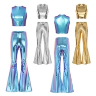 Shiny Women Metallic 70S 80S Disco Dance Outfits Party Sleeveless Slim Vest Bell-Bottom Flared Pant