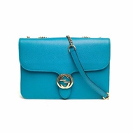 GUCCI Interlock風琴包中號28藍色牛皮淺金扣肩背包