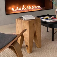 Stool Real Wood Log Low Stool Living Room Home Use Side Table Retro Charcoal Burned Wabi Sabi Style