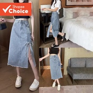 Lovito Women's Casual Denim Skirt, Front Slit with Pockets, Spring/Summer Washed Blue - L183ED046  L