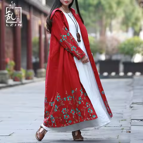LZJN-Women's Chinese Long Duster Coat Hooded Jacket Cotton Windbreaker Embroidery Cardigan Vintage J