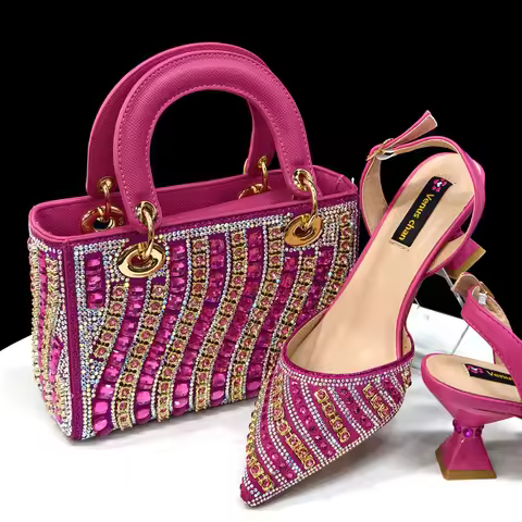2025 Shiny Italian Fashion Pointed Toe Women Heel Fashion Rhinestone Decoration Fuchsia Color Shoes 
