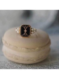 1入黑色瑪瑙＆珍珠復古宮廷印戒開口戒指，鍍金可調節潮流日常佩戴