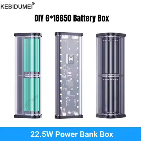 Transparent Shell 6*18650 Power Bank Case 22.5W Fast Charging LED Type C USB Port Battery Storage Bo