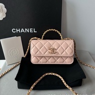 Chanel / 香奈兒 24c 水鑽手柄 櫻花粉色羊皮 woc 鏈條斜挎包