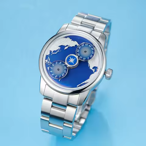 OBLVLO Fashion Stainless Steel Earth DIal Automatic Watch Blue Luminous Waterproof Mechanical Watche