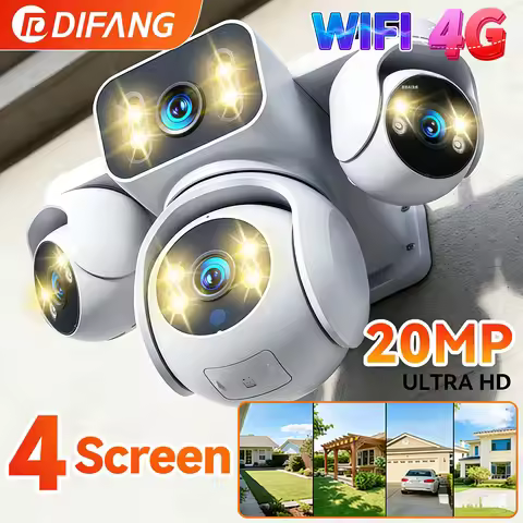 DIFANG 20MP 4 Screens Security WiFi Camera 4G Sim Card 10K 4Lens 12X Zoom PTZ Auto Tracking CCTV Wir