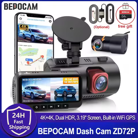 BEPOCAM 5.8Ghz WiFi Dash Cam 4K+4K Built-in GPS 3.19" IPS Screen Car DVR IR Night Vision 24H Parking