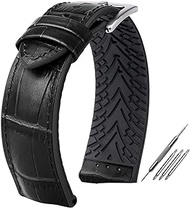 For Rolex For Ctizen For Tissot Leather Watchband Waterproof Rubber Silicone Watch Band Men 19mm20mm21mm22mm23mm Butterfly Clasp Bracelet (Color : Black silver, Size : 23mm)
