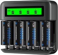 CITYORK 4 Pack 10000mAh Rechargeable D Batteries with Charger, 8 Bay LCD Universal Battery Charger f