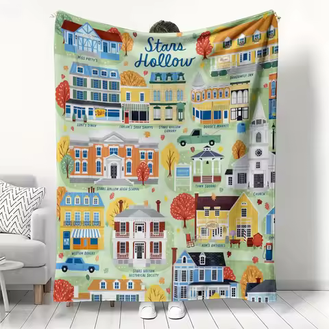 Stars Hollow Autumn Townscape Fleece Blanket, Gilmore Girls-Inspired Throw Blanket with Fall Foliage
