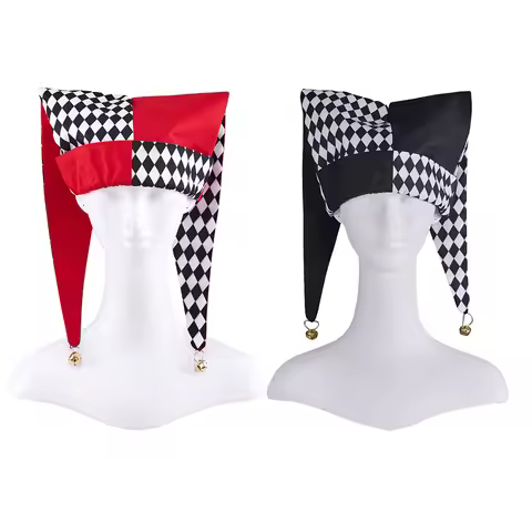 Jester Costume Hat Women Harlequin Jester Halloween Party Fancy Chessboard Lattice Jester Cap With G