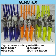 24pcs Set Sudu Stainless Steel With Colourful Handle Free Holder/Cutlery Set/Sudu/Garpu/Pisau/Sudu Teh