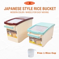 Japanese Style Premium Rice Bucket with Cover & Wheels 10KG / 15KG Free 1 Rice Cup