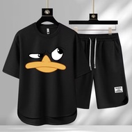 2024 New Men's Summer Ice Silk Quality T-shirt and Shorts Donald Duck Printed Casual Suit Short Slee