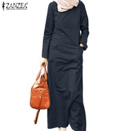 ZANZEA Womens Muslim Fashion Abaya Long Sleeve Plain Dubai Kaftan Maxi Shift Dress