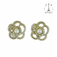【巴黎站二手名牌專賣店】＊現貨＊CHANEL 香奈兒 真品＊淡金色滿鑽山茶花珍珠耳環