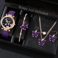 5PCS Purple Womens Watch Set Fashion Trend Butterfly Element Dial Quartz Watch Bracelet Necklace Ear