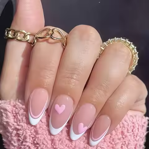 Pink Heart-Shaped 24-Piece Water Drop Almond Nails, Wearable Nails in Cute Style from Europe and Ame