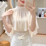 Aiyiyiyi Bat Sleeve Patchwork Shirt Small Shirt Top M-3XL French Gentle Style Classy Round Neck Cloa