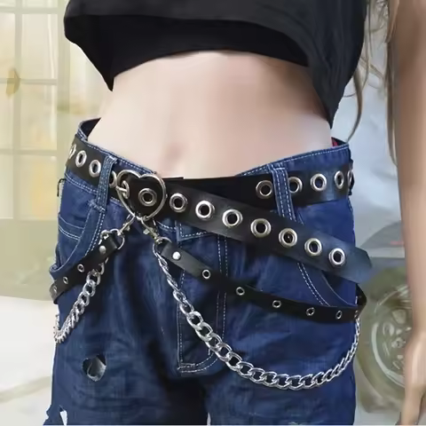 1PC Women Gothic Punk Heart Shape Belt for Women Street Fashion Rock Hip-hop with Two Chain Waist Be
