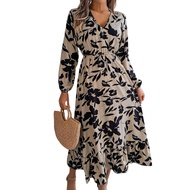 Women's Fashion Retro Floral Print/Solid Color Ruffled Waist A-Line Long Sleeve Dress S, XL