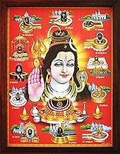 Handicraft Store Shiva with 12 Jyotirlinga, A Poster Painting with Frame for Hindu Religious Worship