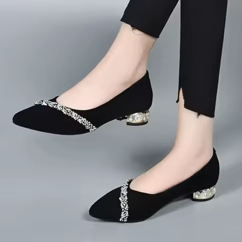 Women Career Black Pointed Toe with Medium Heels Rhinestone Crystals Work Diamond Woman Footwear Bea