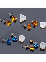1套4入組水晶和矽膠耳釘模具,帶小型貓、立方體、三角形、石頭造型的垂墜耳環,用於環氧樹脂和矽膠鑄造diy珠寶製作模具