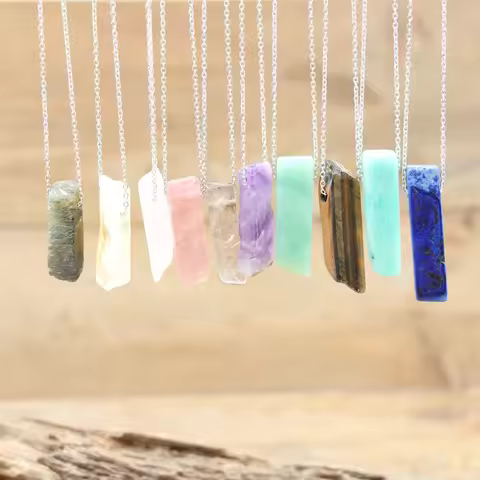Silvery Chains Raw Stone Silce Slab Pendants,Healing Reiki Crystal Amazonite Amethysts Quartz Lapis 