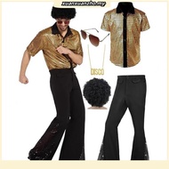 5 PCS Men's 70s Disco Outfit Costume Retro 80s Bell Bottom Pants short Sleeve Shirts
