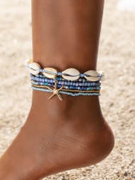 6入組女式波希米亞風格藍色玻璃珠、天然貝殼與合金海星裝飾腳鍊