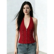 Amyway Retro Red Fishbone Zipped Halter Camisole - Stylish & Sexy