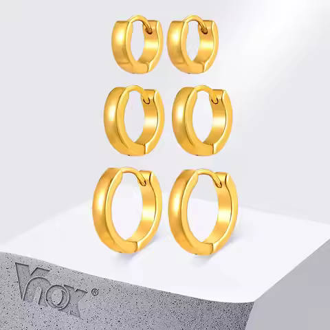 Vnox Stainless Steel Hoop Earrings Set For Women,3 Pair A Set Smooth Gold Plated Fashion Jewelry,Ear