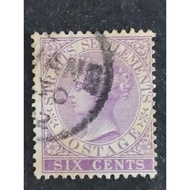 Straits Settlements 1882-99 Queen Victoria Wmk Crown CA 6c Violet - 1pc Used Old Malaya Stamp / Sete