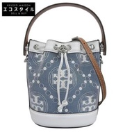Tory Burch 帆布和皮革 T 字圖案迷你水桶兩用單肩包，女士，藍白相間，10009171，成色極佳