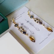 黑珍珠茶晶黑白幾何珍珠排列古典耳環 美產14K注金
