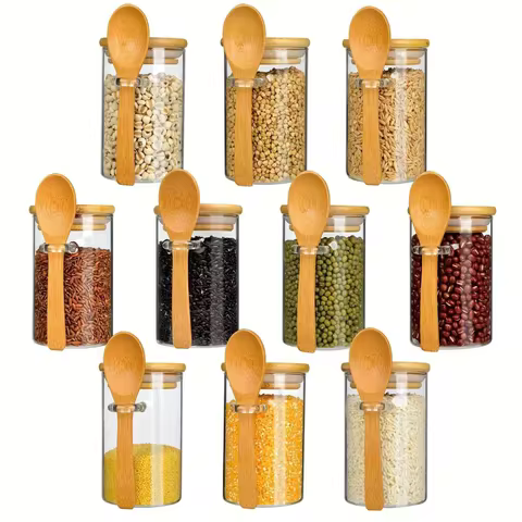 Glass Sugar Container with Spoon 10oz Glass Jars with Bamboo Lid and Spoon, Bamboo Lid Storage Jar C