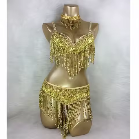 Wholesale Belly Dance Costume 3pcs Set BRA BELT NECKLACE GOLD&SILVER white 4 COLORS #TF201,34D/DD,36