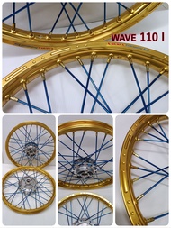 ชุดวงล้อ Wave 110 I พร้อมใส่ ( ขึ้นวงล้อไว้แล้วประกอบด้วยวงล้อมิลลิ่งสีทอง / ดุมหน้า+หลัง Wave 110 I / ซี่ลวดสีน้ำเงิน-หัวทอง  No.184,157