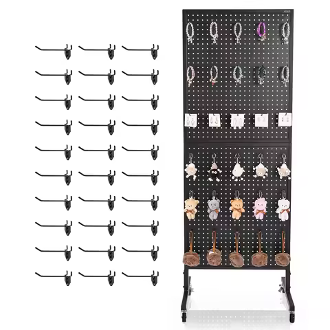 SucceBuy Standing Pegboard Display Stand with Swivel Caster & 30 Hooks Thickened Steel Peg Board Pan
