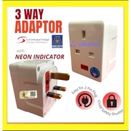 [SIRIM] PREMIUM 13A 3 Way Adapter NEON Light Indicator With Safety Shutter Extension Plug Extension 