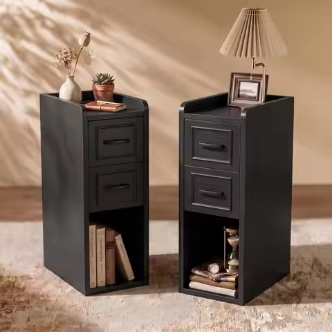 Narrow Nightstand Set of 2, Modern Small Bedside Table with Drawers & Open Shelf, Modern End Table f