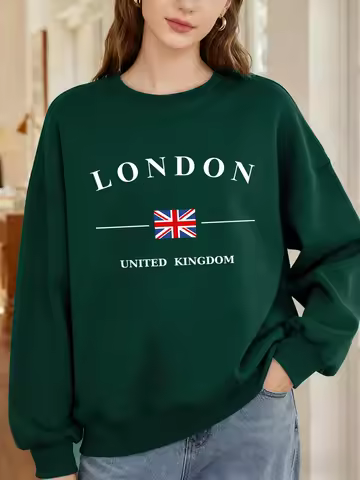 London United Kingdom Flag Printing Sweatshirt Women Crewneck Casual Pullover Y2K Fashion Streetwear