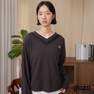 [gozo] gozo Cubic Waffle Preppy Style Long Sleeve Top (Dark Gray/Beige _ F) | Women's V-Neck Versati