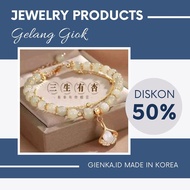 GIENKA.ID GI40 Gelang Rantai Batu Giok Hijau Berlapis Emas Dengan Liontin Daun Aprikot Variasi Zikro