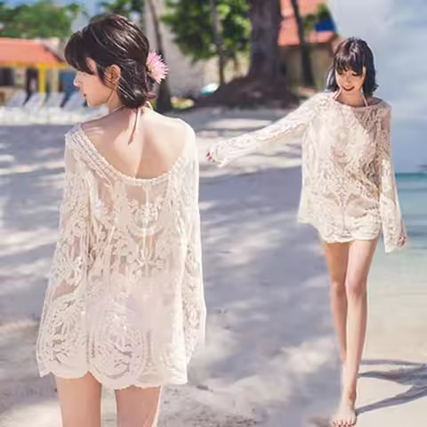 Mesh See-Through Bikini Cover Up, Long Sleeve Swimsuit Outerwear, Beach Vacation Sun Protection Robe