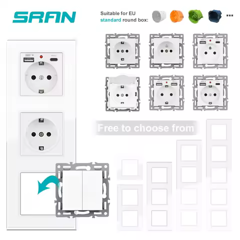 SRAN EU FR Type c and Usb wall socket 1-5 frame Glass panel Vertical installation combination For ci